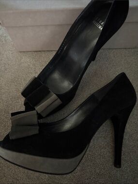 Stuart Weitzman Black Suede Peep-Toe Heels with Gray Bow Accent